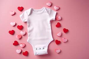 AI generated White baby bodysuit with red hearts on pink background. photo