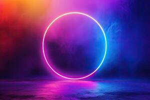 AI generated Abstract neon background. Glowing neon circle in dark room with smoke. photo