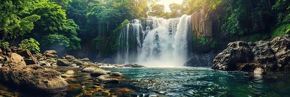 AI generated Panoramic view of beautiful waterfall in tropical forest. photo