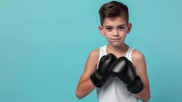 ai generado retrato de un deportivo chico con boxeo guantes terminado azul antecedentes. foto