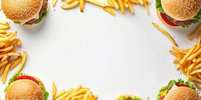 AI generated Top view of tasty burgers with french fries on white background. photo