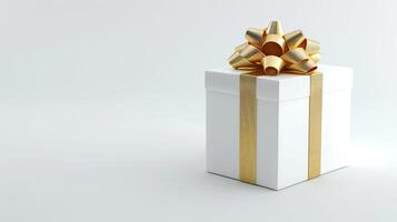 AI generated White gift box with golden bow on white background. photo