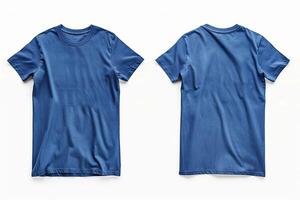 AI generated Blue t-shirt on a white background, front and back view. photo