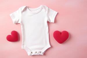 AI generated White baby bodysuit with red hearts on pink background. photo