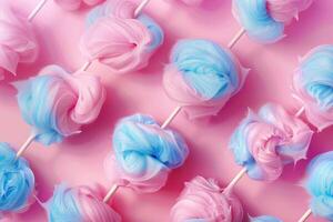 AI generated Pattern with cotton candy on pink background. photo