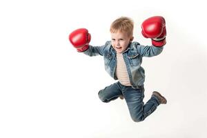 ai generado linda pequeño chico con rojo boxeo guantes aislado en blanco antecedentes. foto