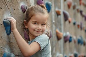 ai generado linda pequeño niña alpinismo en un alpinismo pared. foto