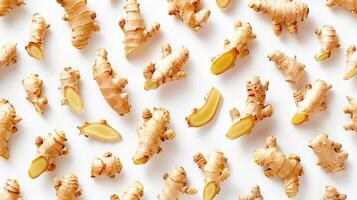 AI generated Fresh ginger root on white background. Top view. Flat lay. photo