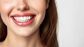 AI generated Beautiful young woman with healthy teeth on a white background, close up. photo