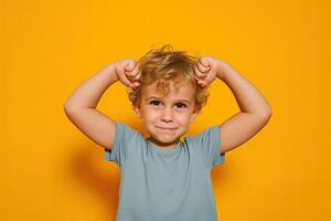 AI generated Curly-haired boy in a blue T-shirt on a yellow background. photo