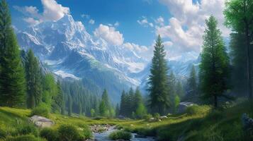 AI generated Beautiful summer landscape with mountain river and coniferous forest. photo