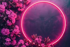 AI generated Neon round frame with pink flowers on dark background. photo