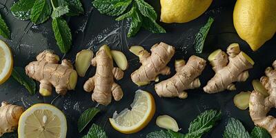 AI generated Fresh ginger, lemon and mint on a dark background. Top view. photo