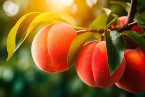 AI generated Peaches close-up on a branch, summer photo