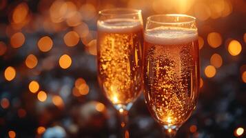 AI generated Glasses of champagne on bright background with bokeh effect photo