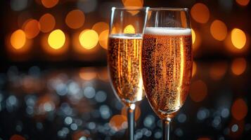 AI generated Glasses of champagne on bright background with bokeh effect photo