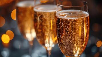 AI generated Glasses of champagne on bright background with bokeh effect photo