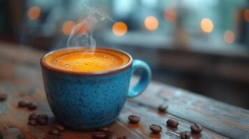 ai generado Café exprés café taza con café frijoles en un Clásico mesa ,Copiar espacio. foto