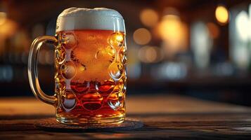 AI generated Beer in a big glass on a wooden table. Oktoberfest festival. photo