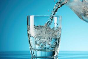 ai generado torrencial agua desde un botella dentro un vaso en un azul antecedentes foto