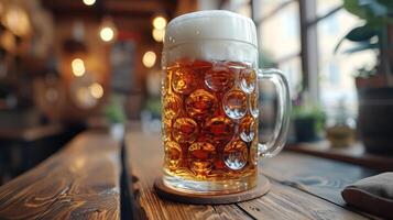 AI generated Beer in a big glass on a wooden table. Oktoberfest festival. photo