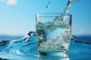 ai generado torrencial agua desde un botella dentro un vaso en un azul antecedentes foto