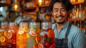 ai generado asiático hombre trabajando en bar preparando vistoso cóctel disparos en bar foto