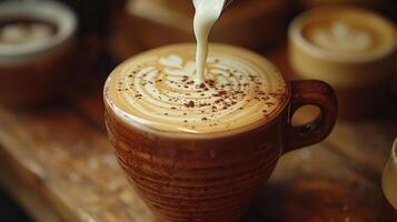 ai generado Clásico tono de alguien torrencial Leche a hacer latté Arte café a un café tienda foto