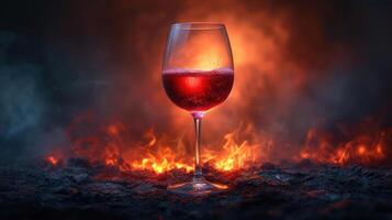 AI generated Wine and a glass against the fire. photo