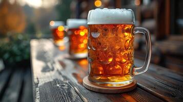 AI generated Beer in a big glass on a wooden table. Oktoberfest festival. photo