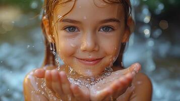 ai generado niño jugando con agua gotas foto