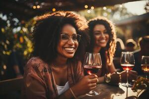 AI generated Happy friends enjoying happy hour at winery bar restaurant. photo