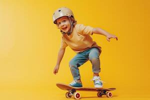 AI generated Cute little boy in helmet riding skateboard on yellow background. photo