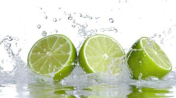 AI generated Lime slices and water splash isolated on white background. photo