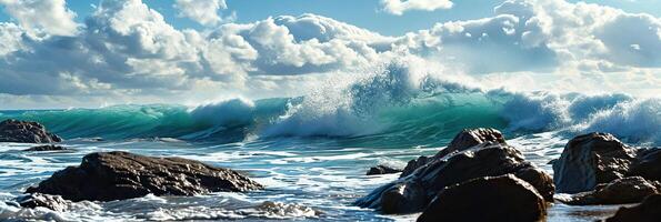 AI generated Sea with splashing waves. Panoramic view. photo