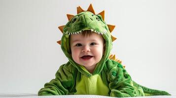 AI generated Cute little boy in dinosaur costume on white background. photo