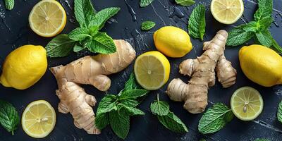 AI generated Fresh ginger, lemon and mint on a dark background. Top view. photo