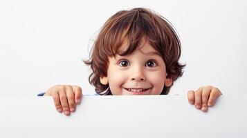 ai generado sonriente pequeño chico echar un vistazo fuera desde detrás un blanco pared. foto