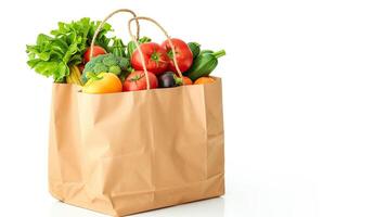 AI generated Paper bag with fresh vegetables isolated on white background. Healthy food concept. photo