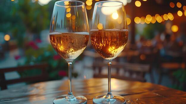 AI generated Two glasses with wine on the summer table of a cafe or restaurant ,Copy space photo