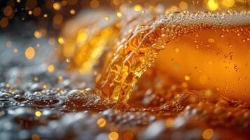 AI generated Pouring beer with foam bubbles in glass for background on front view of waves, drinking alcohol photo