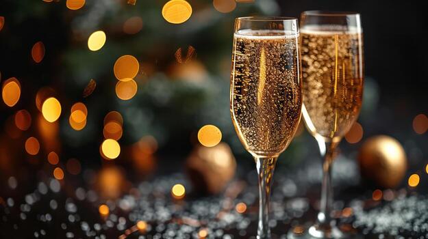 AI generated Luxurious glass with bokeh gold champagne on dark background copy space. photo