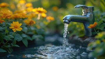 ai generado jardín grifo aumenta agua precios, ayuda el mundo, ahorra agua. foto