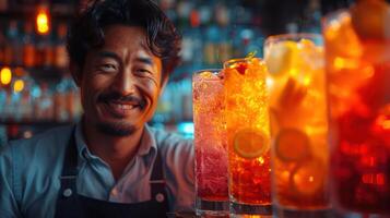 ai generado asiático hombre trabajando en bar preparando vistoso cóctel disparos en bar foto