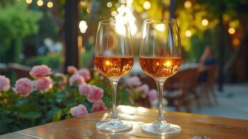 ai generado dos lentes con vino en el verano mesa de un café o restaurante ,Copiar espacio foto