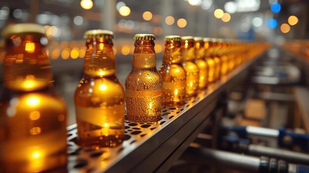 AI generated Beer bottles on production line, factory background copy image area photo