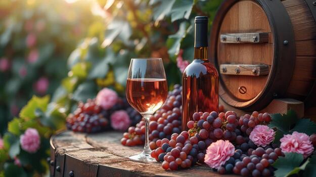 AI generated Bottles and wine glasses with grapes and barrels in countryside scene. Copy image. photo