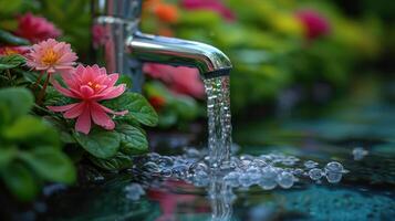 ai generado jardín grifo aumenta agua precios, ayuda el mundo, ahorra agua. foto