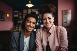 ai generado dos multirracial amigos sonriente, mirando a cámara, a café foto