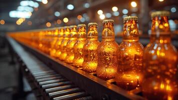 AI generated Beer bottles on production line, factory background copy image area photo